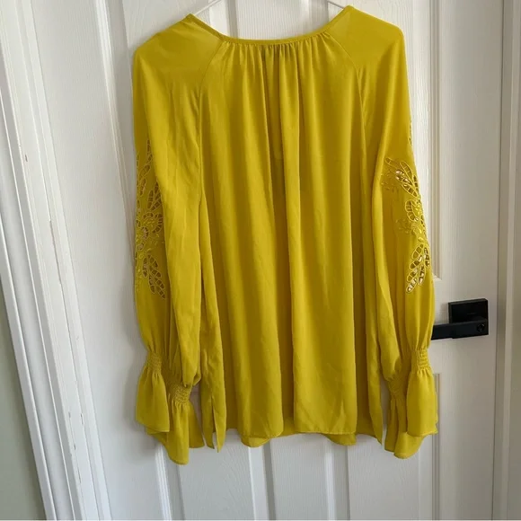 Joseph Ribkoff Flowy Yellow Blouse with Embroidered Sleeves - Picture 5 of 7